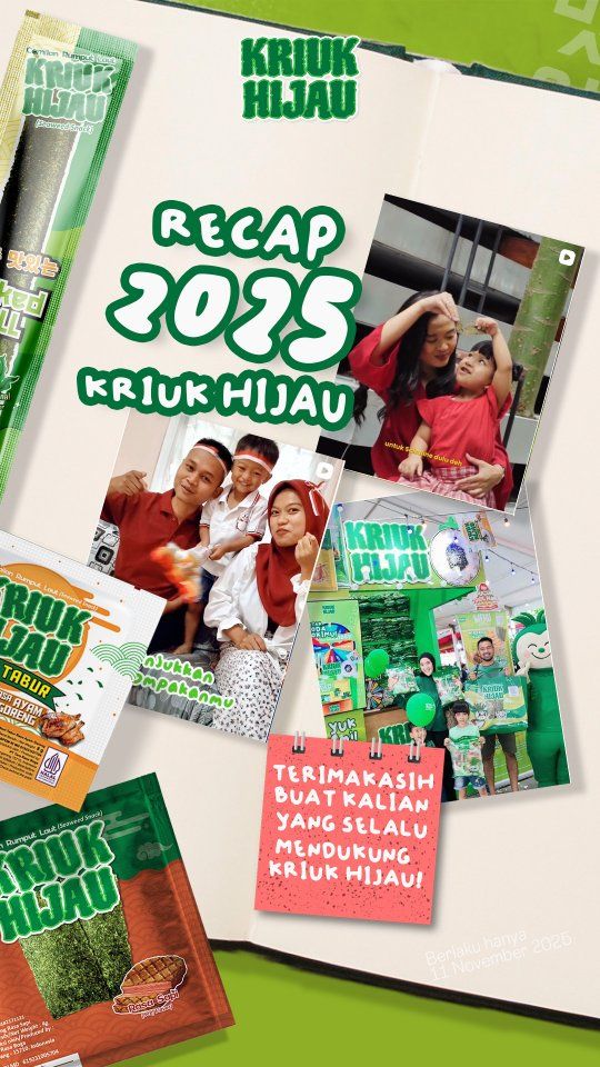 Terima kasih buat kamu yang setia bareng Kriuk Hijau sepanjang 2025.

Dari tiap langkah kecil, keringat, tawa, sampai momen nyemil sehat—semuanya berarti.

Semoga semua energi baik yang kita kumpulkan tahun ini balik jadi manfaat nyata.

Dan 2026? Kita datang dengan rasa baru, cerita baru, dan keseruan yang lebih fresh.

🌱🔥 Sampai ketemu lagi. Jangan berhenti hidup sehat & nyemil cerdas.

#KriukHijau #Recap2025 #CemilanSehat
