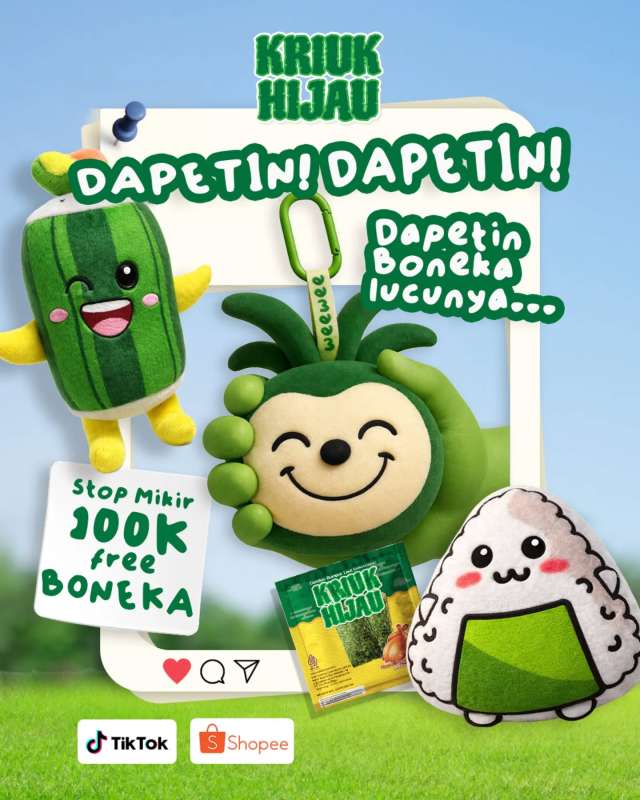 Kriuk Hijau datang lagi bawa kejutan 👀

Kali ini bukan cuma kriuknya yang bikin nagih, tapi boneka lucu yang siap ikut pulang bareng kamu 💚

Cukup stop mikir 100K, dan DAPETIN Kriuk Hijau + boneka gemesnya.

Jangan sampai kelewatan, sebelum habis! 

#kriukhijau #cemilansehat