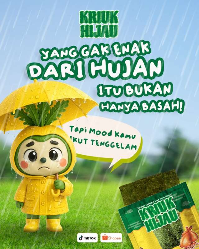 Emang sih… hujan tuh kelihatannya cuma bikin basah.

Tapi jujur aja, yang ikut tenggelam itu mood kita 😮‍💨 Bosen, rebahan, pengen ngemil… tapi giliran salah pilih, malah jadi guilty sendiri.

Makanya sekarang pilih yang masuk akal: nyemil Kriuk Hijau pas hujan 🌧️💚 ringan, gurih, gak amis, dan gak bikin nyesel.

Soalnya ya gimana… #HujanTetapKriuk