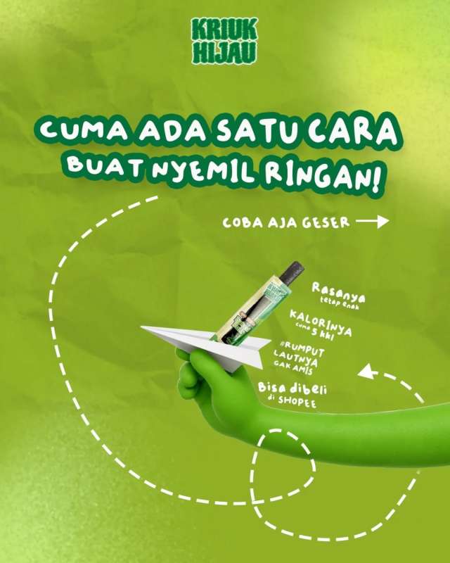 POV: lagi pengen nyemil tapi gak mau feeling guilty.
Yaudah, Kriuk Hijau aja.

 #RumputLautnyaGakAmis, Kalorinya lebih ringan Rasanya tetep bikin tangan auto masuk lagi ke bungkus

Karena hidup udah cukup berat.

Cemilan gak perlu ikut-ikutan. 😭

Gas cek keranjang oren dan kuning sebelum stoknya disamper orang lain duluan.

#kriukhijau