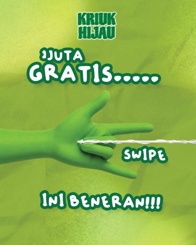 1 JUTA GRATIS?...

KRIUK HIJAU CHALLENGE DIPERPANJANG @kriuk.hijau dengan buat Video reels atau Tiktok dan upload jangan lupa Tag @kriuk.hijau dan 3 teman kamu, dan pakai Hastag #kriukchallenge

Hadiahnya gak main-main

1st - Rp. 1.000.000
2nd - Rp. 500.000
3rt - Rp. 250.000

Buat yang beluman menang
Tenang...

5 video pilihan selain pemenang dapet Free Snack dari @kriuk.hijau

Yuk ikut challenge nya....

PERIODE 9 S/D 31 AGUSTUS 2026
